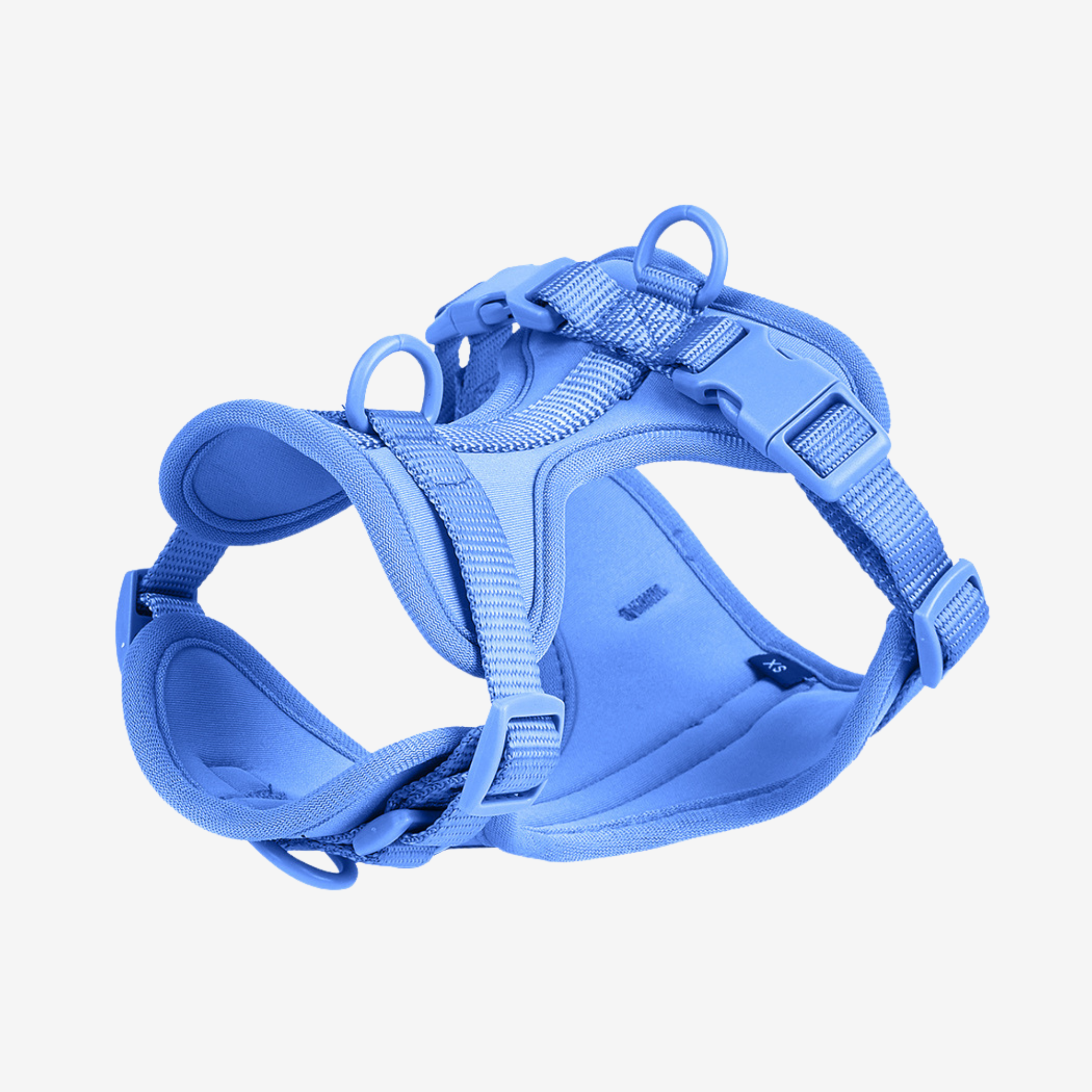 Blå hundsele i premiumdesign med justerbar passform och vadderad insida. Ergonomisk och bekväm, perfekt för både små och stora hundar. Passar för promenader och utomhusaktiviteter.